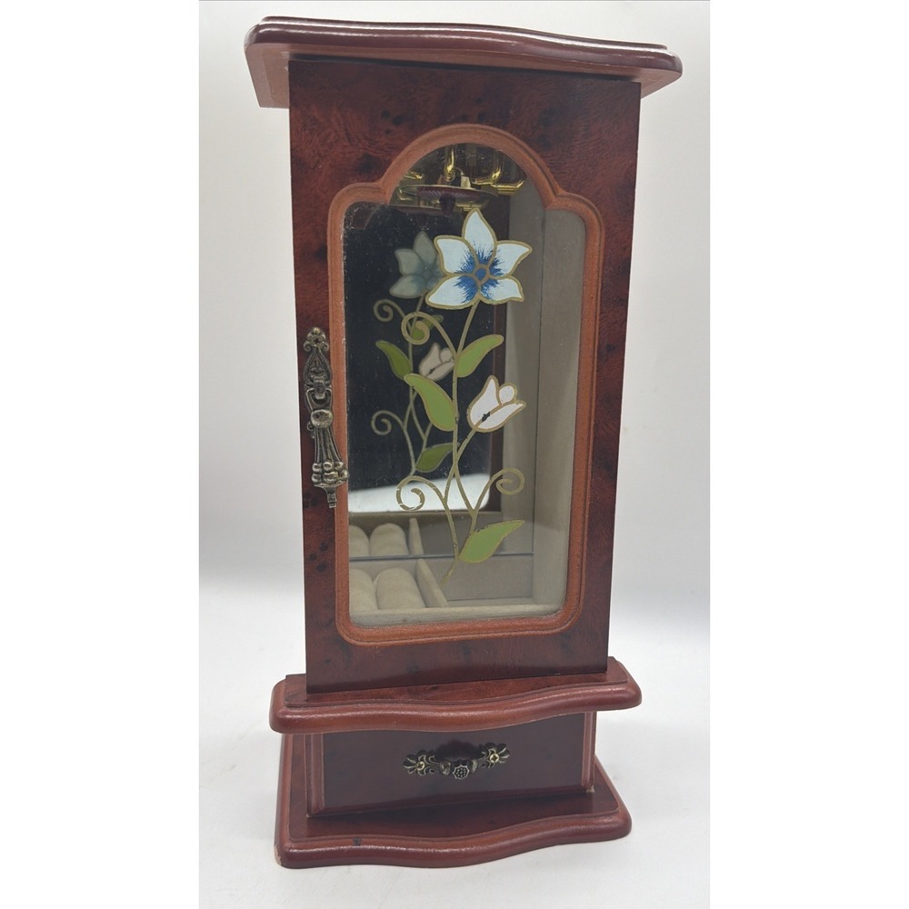 Powell Vintage Wood Upright Jewelry Box Armoire Glass Floral Door Rotating Brown